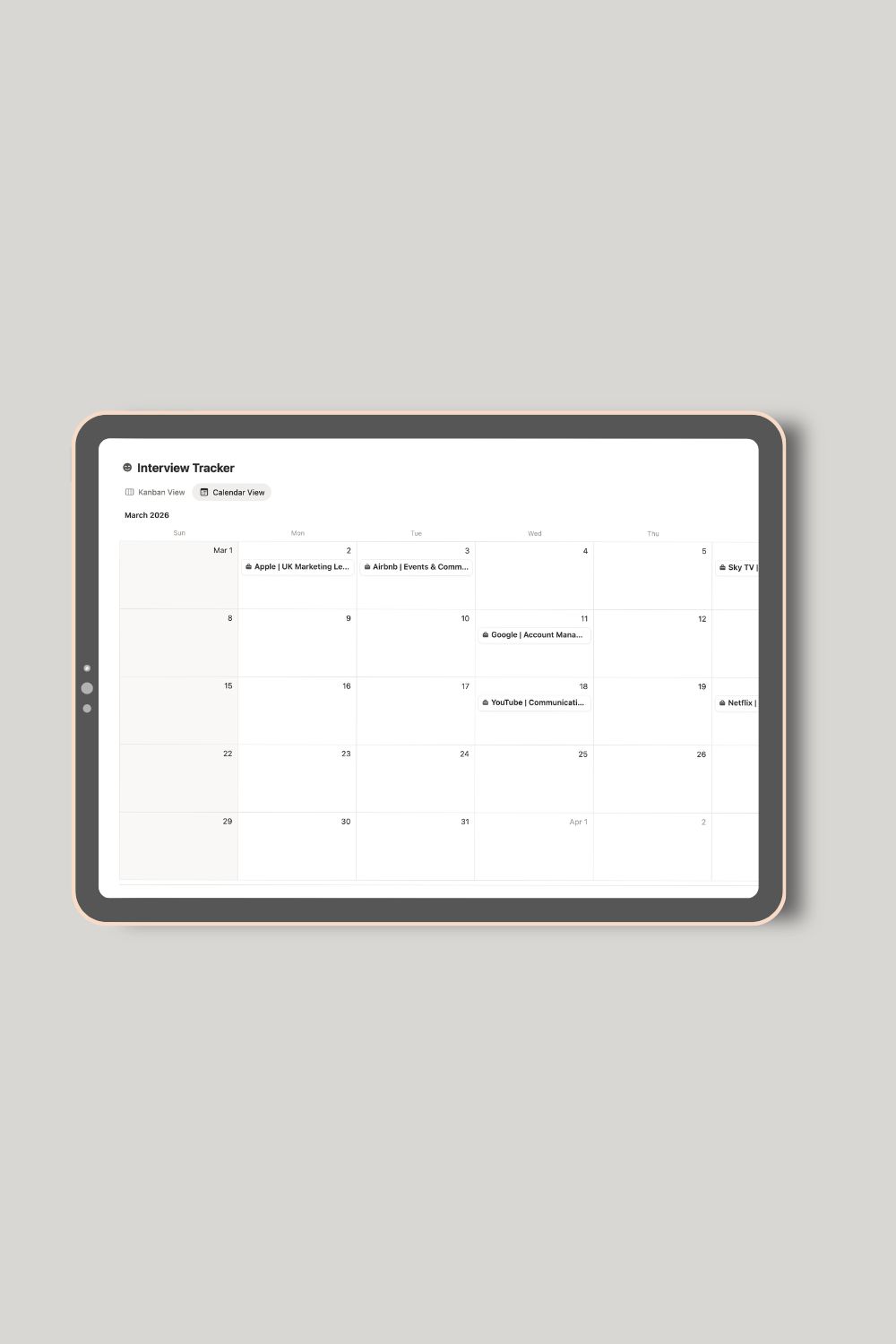 Interview tracker calendar view